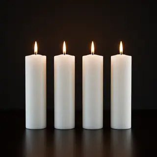 Exactly 4 white candles standing on a dark surface