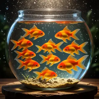 Exactly 9 goldfish swimming in a large round fishbowl