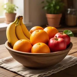 A fruit bowl containing exactly 3 bananas, 4 oranges, and 2 