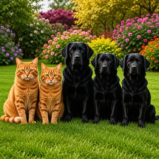 2 orange cats and 3 black dogs sitting together on a grassy 