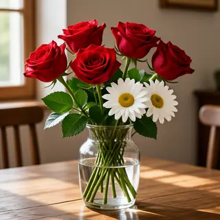 4 red roses and 2 white daisies in a glass vase on a table