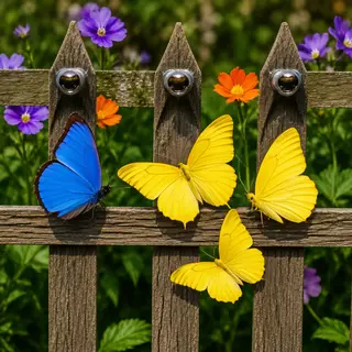 1 blue butterfly and 3 yellow butterflies resting on a garde