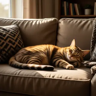 A cat lying on a couch without a collar