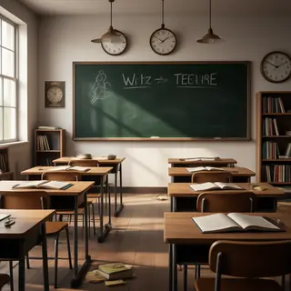 A classroom with desks and a chalkboard but no students