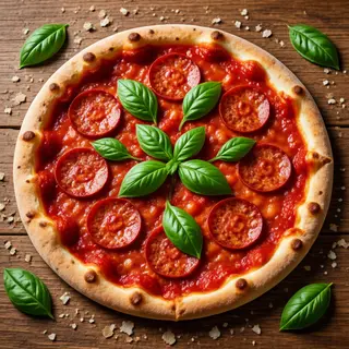 A pepperoni pizza with tomato sauce, basil, and crust but ab