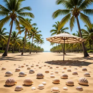 A sandy beach with palm trees, seashells, and a beach umbrel