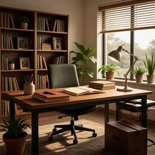 An office workspace with a desk, chair, bookshelf, and lamp 