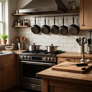 A kitchen with pots, pans, a stove, and a cutting board but 