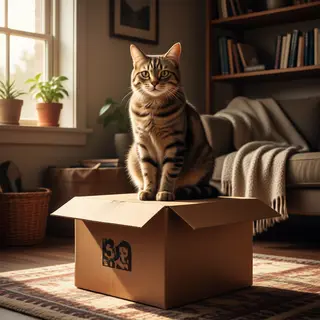A cat sitting on top of a cardboard box