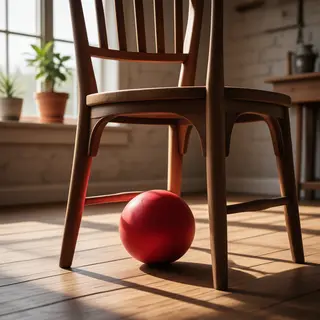 A red ball underneath a wooden chair