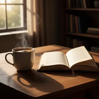 A coffee mug next to an open book on a desk