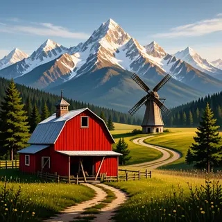 A landscape with a red barn in the foreground at large scale