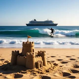 A beach scene with a sandcastle in the foreground, a surfer 