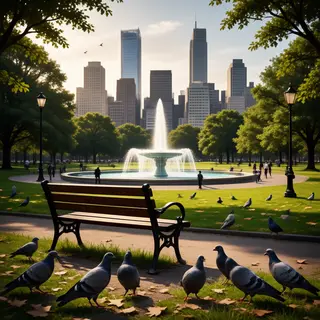 A city park with a park bench and pigeons in the foreground,