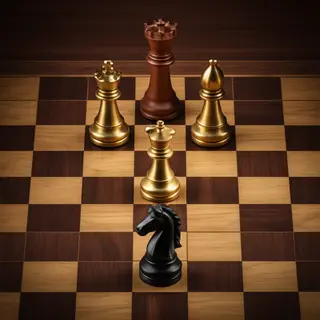 Five chess pieces on a board: a king in the center, a queen 