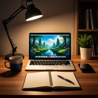 A desk scene: laptop in the center, coffee mug to the left, 