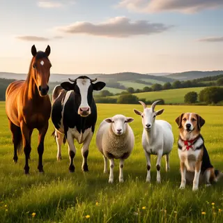 Five animals in a field: a horse on the far left, a cow to t
