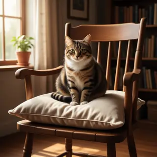 A cat sitting on a pillow, the pillow placed on a wooden cha