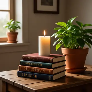 A candle on top of a stack of books, the books next to a pot
