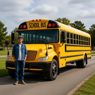 A person standing next to a yellow school bus, showing reali
