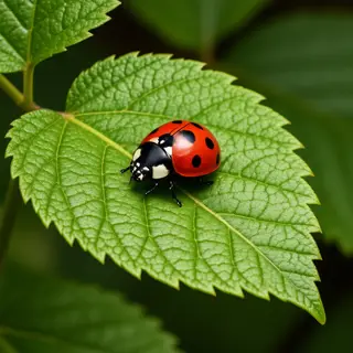 A ladybug sitting on a large green leaf, shown at realistic 