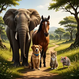 A group photo of an elephant, a horse, a dog, a cat, and a m