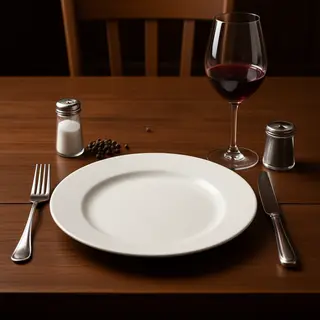 A dinner table scene with a plate, fork, knife, wine glass, 