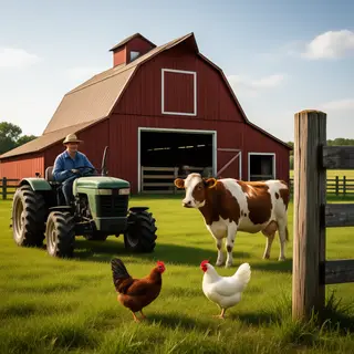 A farm scene with a barn, tractor, farmer, cow, chicken, and