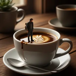 A tiny person standing on the rim of a coffee cup, looking d