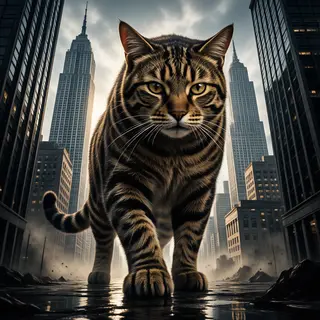 A giant tabby cat walking between city skyscrapers like a ka
