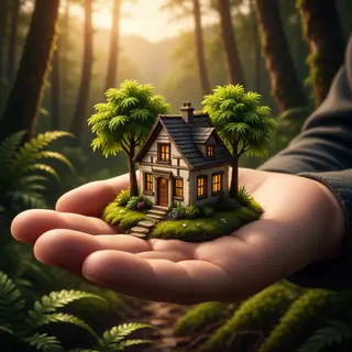 A miniature house sitting on the palm of someone's hand