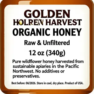 A product label for 'GOLDEN HARVEST ORGANIC HONEY' with subt