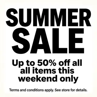 A poster with headline 'SUMMER SALE' in large bold text, bod