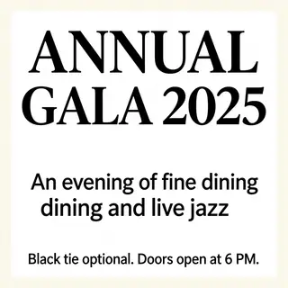 An event banner with headline 'ANNUAL GALA 2025' at the top 
