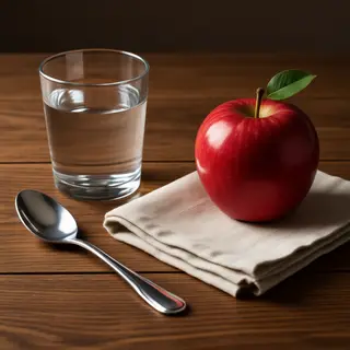 A still life on a wooden table featuring a clear glass of wa