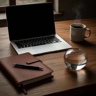 A workspace desk with a brushed aluminum laptop, a leather-b