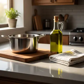 A kitchen counter with a stainless steel pot, a wooden cutti