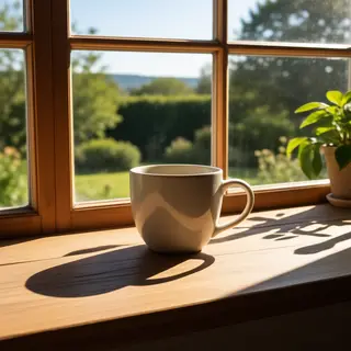 A coffee mug on a sunny windowsill casting a sharp shadow to