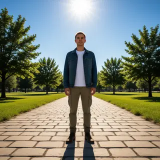 A person standing outdoors at midday with a short shadow dir