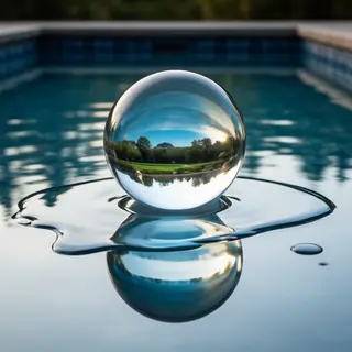 A clear glass sphere sitting on a mirror surface near a pool