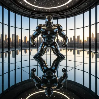 A chrome sculpture in a room with a glass floor and large wi