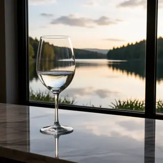 A crystal wine glass on a polished marble counter next to a 