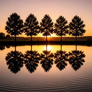 A row of trees reflected in a calm lake at sunset, with the 