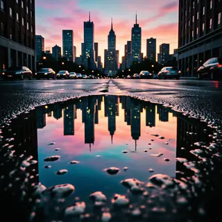 A city skyline reflected in a rain puddle on a street, with 