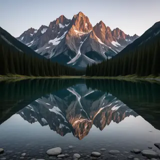 A mountain range reflected in a still alpine lake, with the 