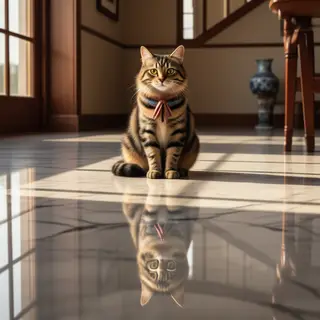 A cat sitting on a polished marble floor with its reflection