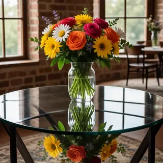A vase of flowers on a glass table with a clear reflection v