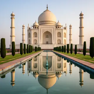 The Taj Mahal in Agra seen from the reflecting pool, with ac