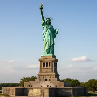 The Statue of Liberty on her island pedestal, with correct t