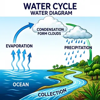 A detailed diagram of the water cycle showing evaporation fr